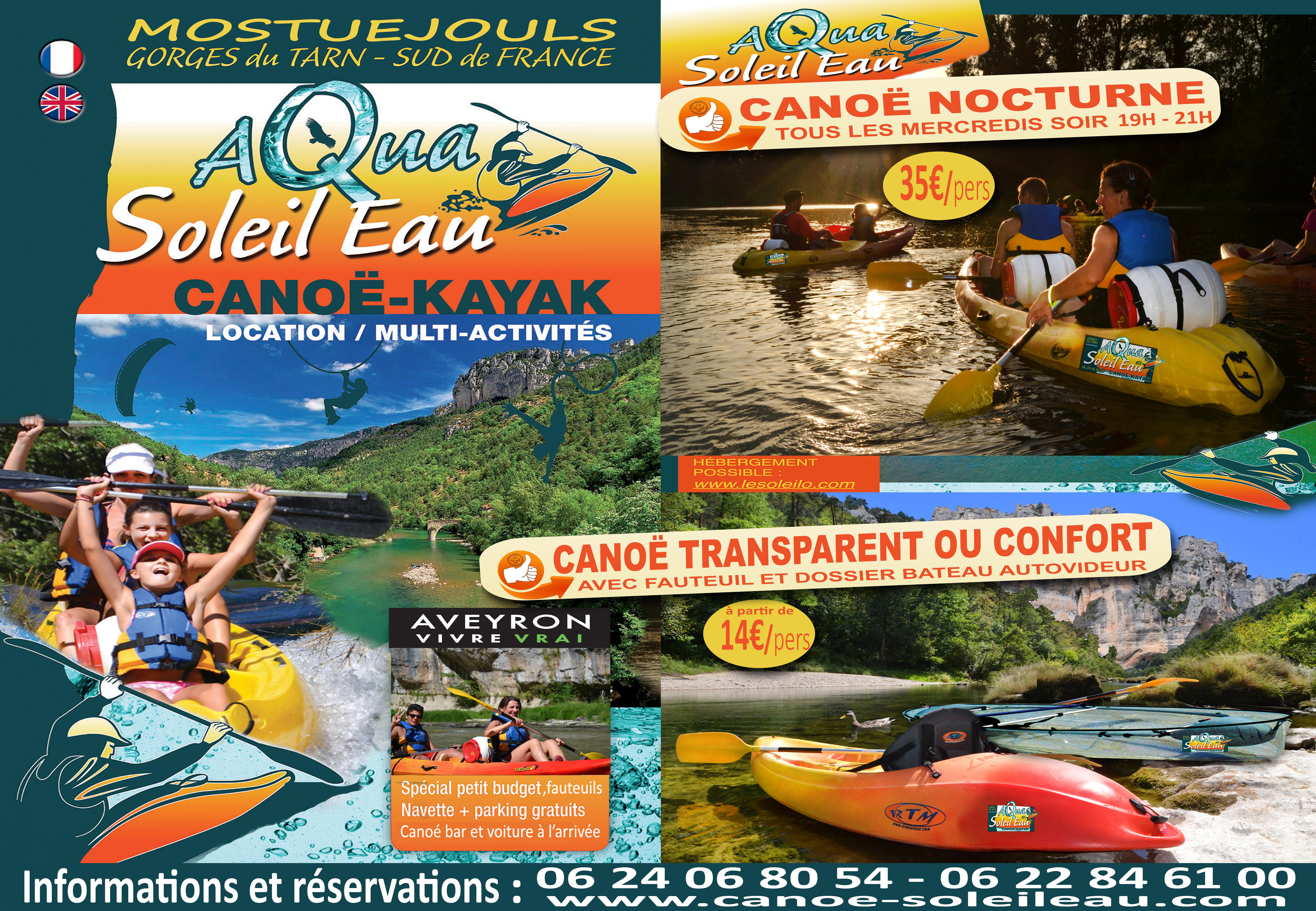 Canoe dans les Gorges du Tarn, location de canoe Sud Aveyron Tarn avec Aqua Soleil Eau Canoé canoe nocturne fun et ludique et canoe transparent