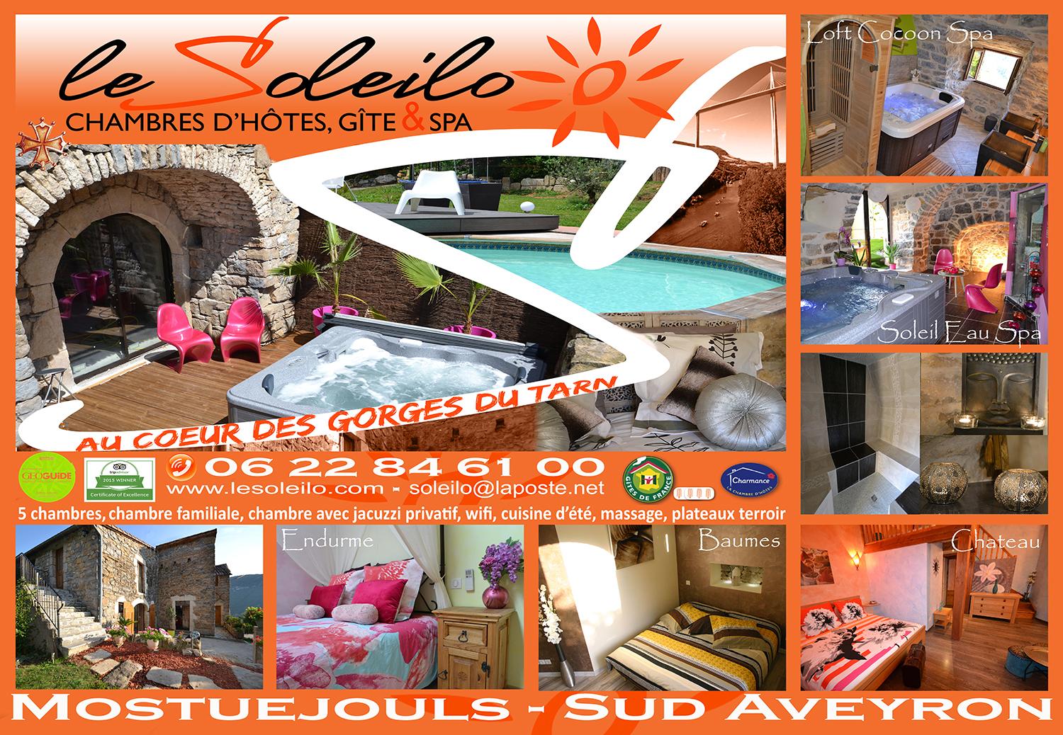 The Soleilo, bed and breakfast or cottage with jacuzzi and swimming pool Aveyron Gorges du Tarn